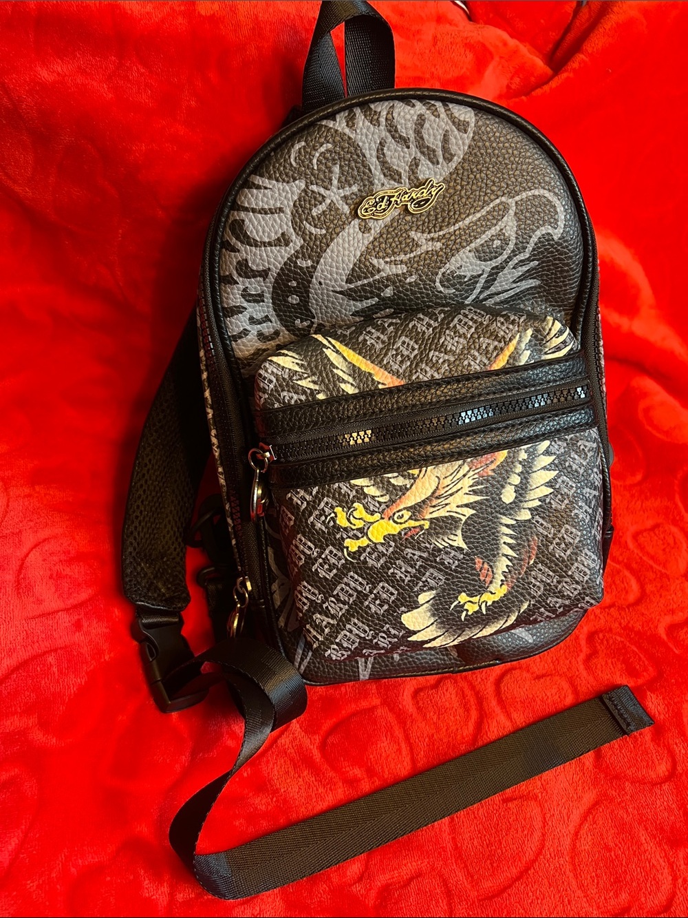 Ed Hardy Black Crossbody Sling Bag with Yellow & Orange Eagle Print